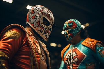 Naklejka premium Two masked Lucha libre wrestlers in the ring. Mexican Luchadores during the fight.