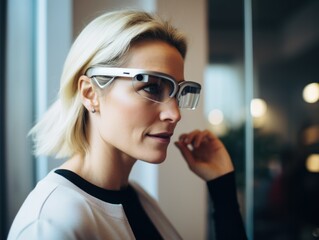 close up of woman in glasses with virtual screen, girl trying on smart glasses.