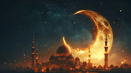 Ramadan Kareem islamic design crescent moon with mosqu. generative ai