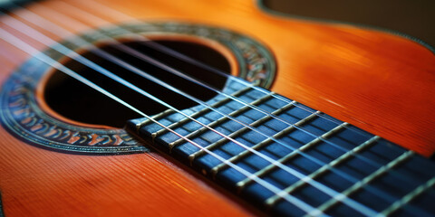 Obraz premium Close-Up of Acoustic Guitar with Decorative Inlay. Macro view of guitar strings and sound hole, vibrant wooden texture.