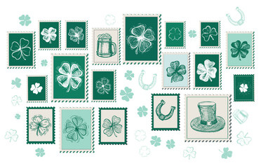 St. Patrick's Day set, Stamps, mail, postcard, Hand drawn illustrations	
