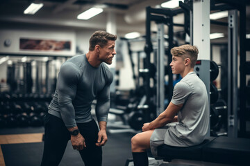 Middle-aged man and a teenager in sportswear are talking in the gym. A coach instructs his student...