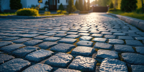 Close-Up of Paved Stone Pathway. A detailed view of a stone-paved path texture, hinting at a journey. - obrazy, fototapety, plakaty
