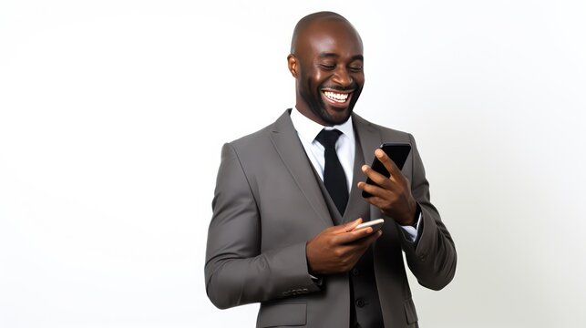 black businessman using phone on white background