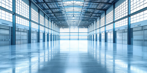 Modern Glass Building Interior of storage warehouse. A spacious empty place interior with...