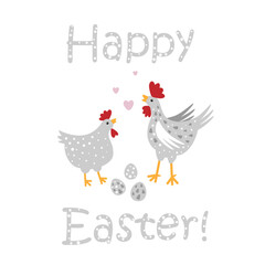 Illustration of colorful eggs and chickens with happy easter text on transparent background