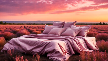 double bed with pink blankets and sheets outdoors in a purple lavender field
