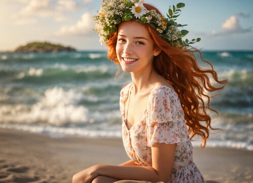 portrait of summer girl with red hair and freckles