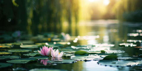 Tranquil Lotus Pond with Willow Trees. Serene lake water with lotus flowers, lily pads, and willow branches, floral wallpaper. - obrazy, fototapety, plakaty