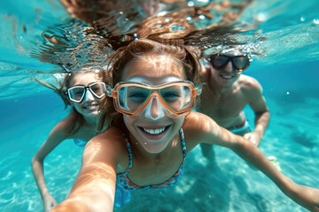 Naklejka premium Selfie de familia con niños en sus vacaciones en la playa con un paisaje espectacular