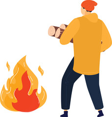 Person in yellow jacket and red hat carrying firewood to a campfire. Outdoors camping activity and warmth concept vector illustration.