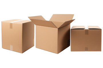 Fototapeta premium home delivery and shipping service cargo Boxes PNG , parcel package cardboard boxes PNG , open and closed empty delivery Package mockup template isolated on white and transparent background