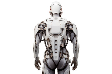 Fototapeta premium Full Body Exoskeleton Cyborg male face PNG isolated on white and transparent background - Sci-fi Robot in armor technology concept