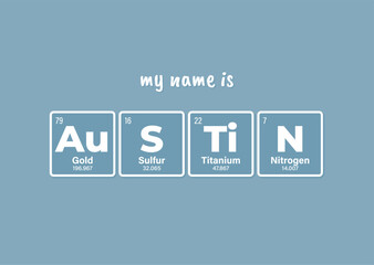 Vector inscription name AUSTIN composed of individual elements of the periodic table. Text: My name is. Blue background