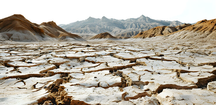Dramatic desert landscape with cracked dry soil in the foreground and rugged mountains against a clear sky