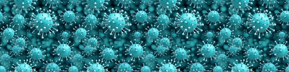 Virology corona virus, covid, flu outbreak background banner panorama long wallpaper illustration, microscopic view of influenza virus cells, lots of abstract 3d viruses texture, seamless pattern
