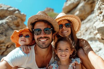 Selfie de familia con niños en sus vacaciones en la playa con un paisaje espectacular