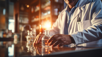 The pharmacist in the pharmacy holds a jar of liquid medicine in his hands