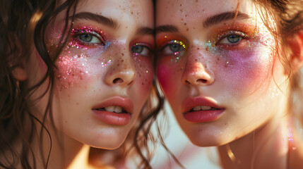Bright mack-up with shiny pink glitter, two woman close-up portrayal. Generative AI