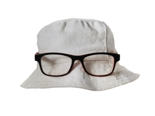 White bucket hat and glasses PNG transparent