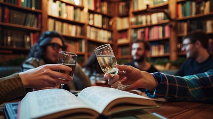 Friends Toasting with Books in Background - obrazy, fototapety, plakaty