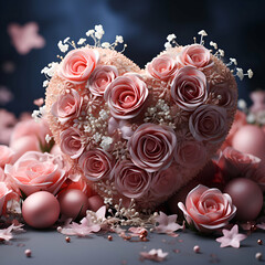 3D rendering of Valentine's day background with pink roses and hearts