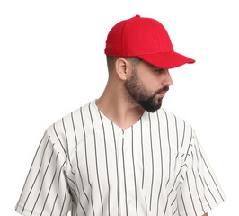 Man in stylish red baseball cap on white background