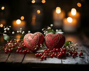 Valentine's Day background with red hearts and candles. selective focus