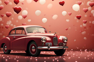 Vintage car with hearts on red background. 3D rendering.