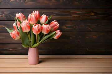 Bouquet of pink tulips in vase on wooden background