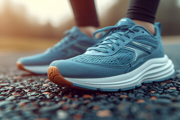 Close-Up of Blue Running Shoes on a Textured Surface at Sunrise