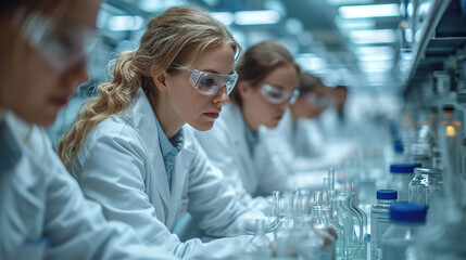 A female assistant in a white coat and safety glasses conducts experiments against the backdrop of a modern scientific laboratory.