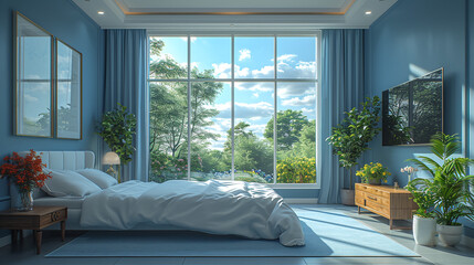 Bedroom interior in light colors, with a beautiful view from the window