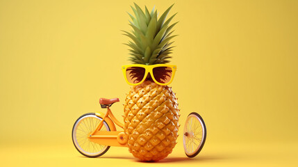 3d render pineapple rides on a bike yellow background
