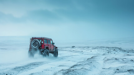 Red SUV conquering snowy terrain under a muted blue sky
