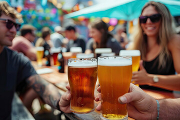 Naklejka premium Festival de la Cerveza en Australia: Escena animada con personas disfrutando de cervezas artesanales