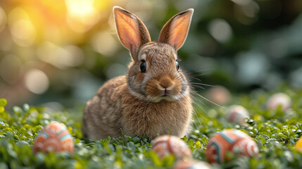 Fototapeta na wymiar Cute bunny on the lawn with Easter eggs