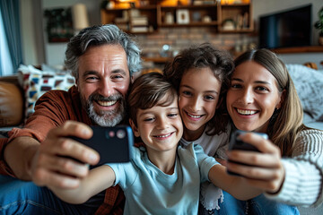 Familia con padres e hijos compartiendo momentos con sus seres queridos a través de videollamadas