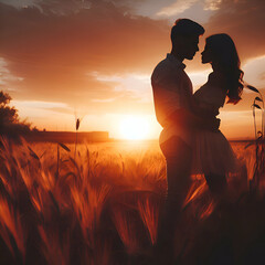 A Couple's Silhouette Against the Sunset Over a Field Creates of Romance