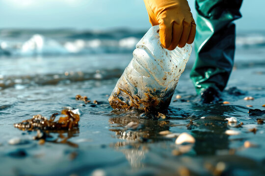 Detalle de manos recogiendo basura de una playa para prevenir la contaminaci&oacute;n del mar