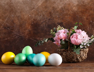 Easter composition with flowers and Easter eggs