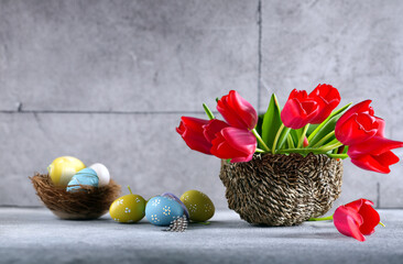 Easter composition with flowers and Easter eggs