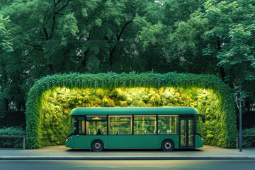 Trasporte público sostenible, autobús eléctrico con zonas verdes al rededor