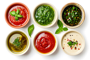 Bowls of  Various Sauces top view isolated on white Background