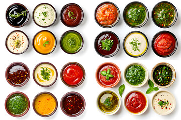 Bowls of Various Sauces top view isolated on white Background