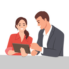 Young businessman and woman discussing about sales on tab or analyze data for marketing plan. Flat vector illustration isolated on white background