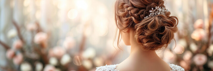 Elegant hairstyle of a young woman in a wedding dress. Banner image. - obrazy, fototapety, plakaty
