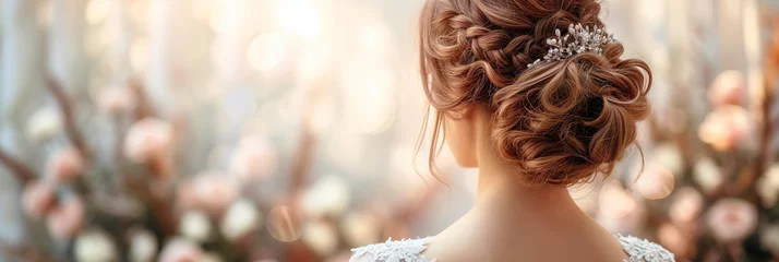 Foto op Plexiglas Elegant hairstyle of a young woman in a wedding dress. Banner image. © esvetleishaya