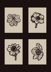 Handmade linocut floral motif clipart in folkart scandi style. Set of simple monochrome block print shapes with woodcut paper texture effect.