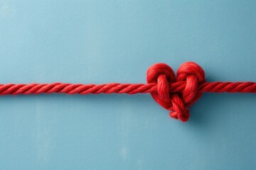 red horizontal cotton rope line with tied heart loop. Looks like medical line for heartbeat, light greyish blue background - Powered by Adobe